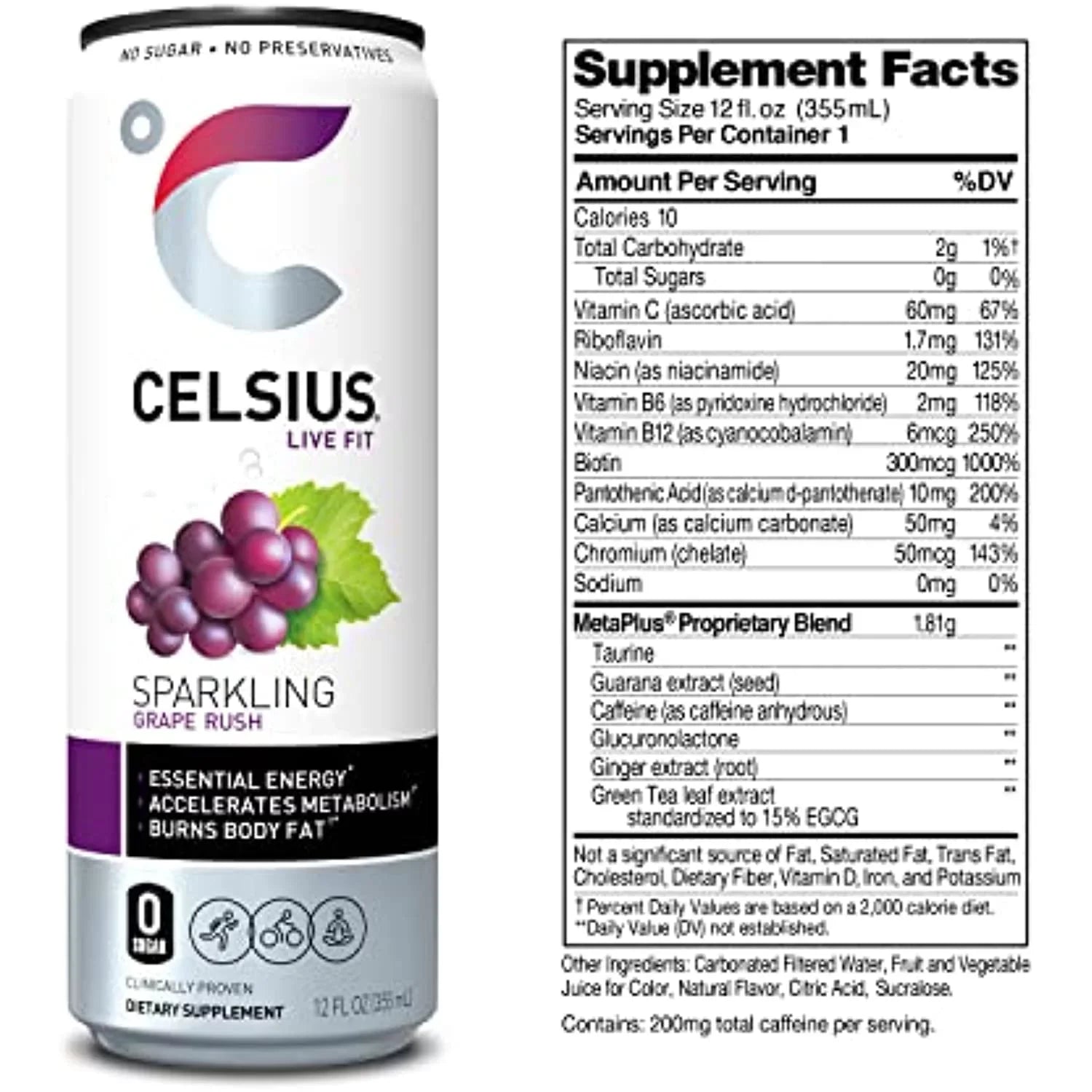 Celsius Essential Energy Drink 12 Fl Oz, Sizeparkling Grape Rush (Pack Of 12)