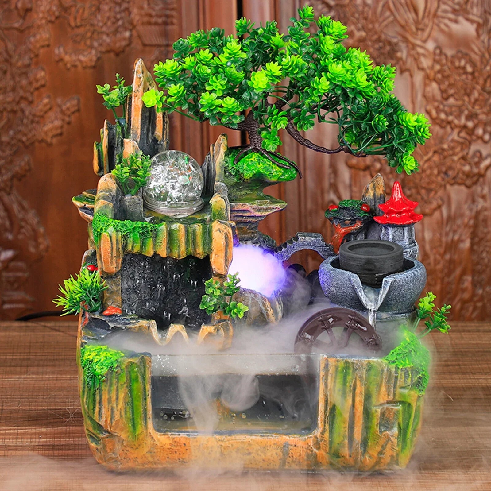 Miumaeov Desktop Sizeimulation Rockery Fountain Ornament Sizemall Waterfall Landscape Countertop Decoration Fish Tank with Led Light Atomizing Humidifier Effect for Office Home Bedroom