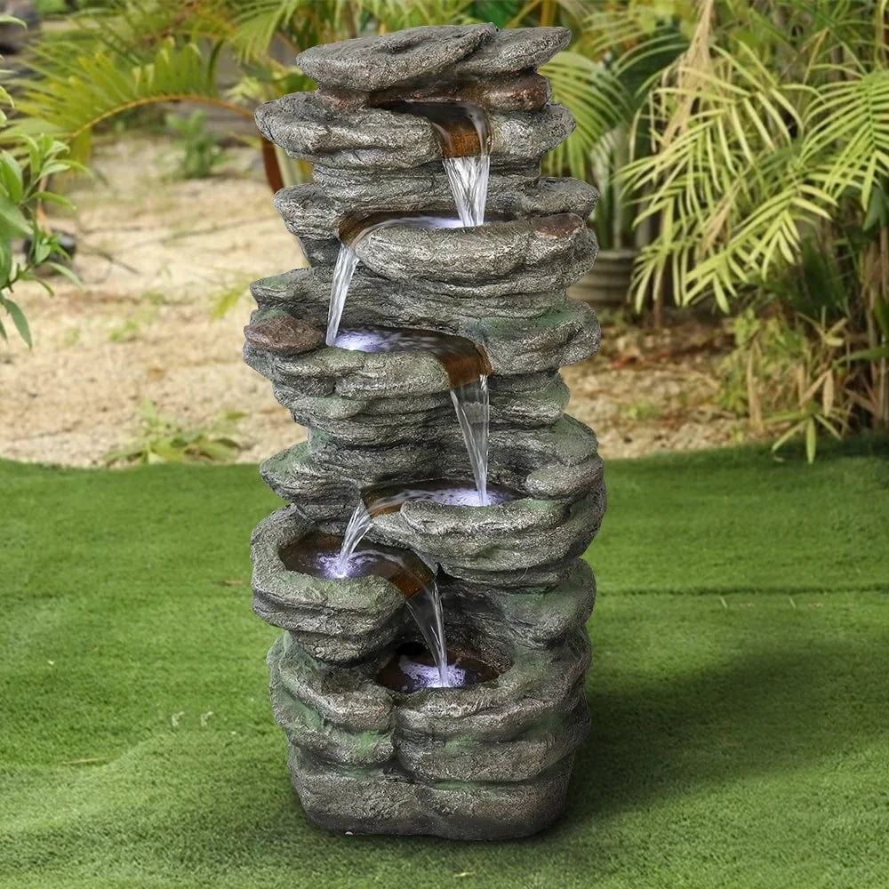 Meedzom 40''H Water Fountain Outdoor Garden LED Lighted Floor Fountain Natural Polyresin Decor for Patio
