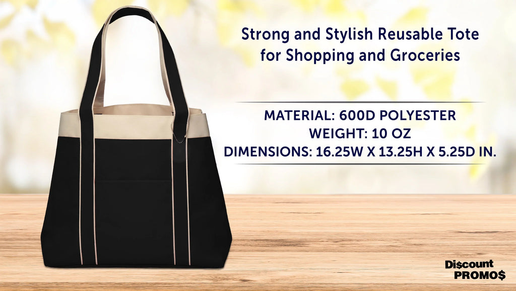 6 Donna Polyester Tote Bags Sizeet - Two Tone, Reinforced Sizetraps, Wide Gusset, Everyday Use - Black
