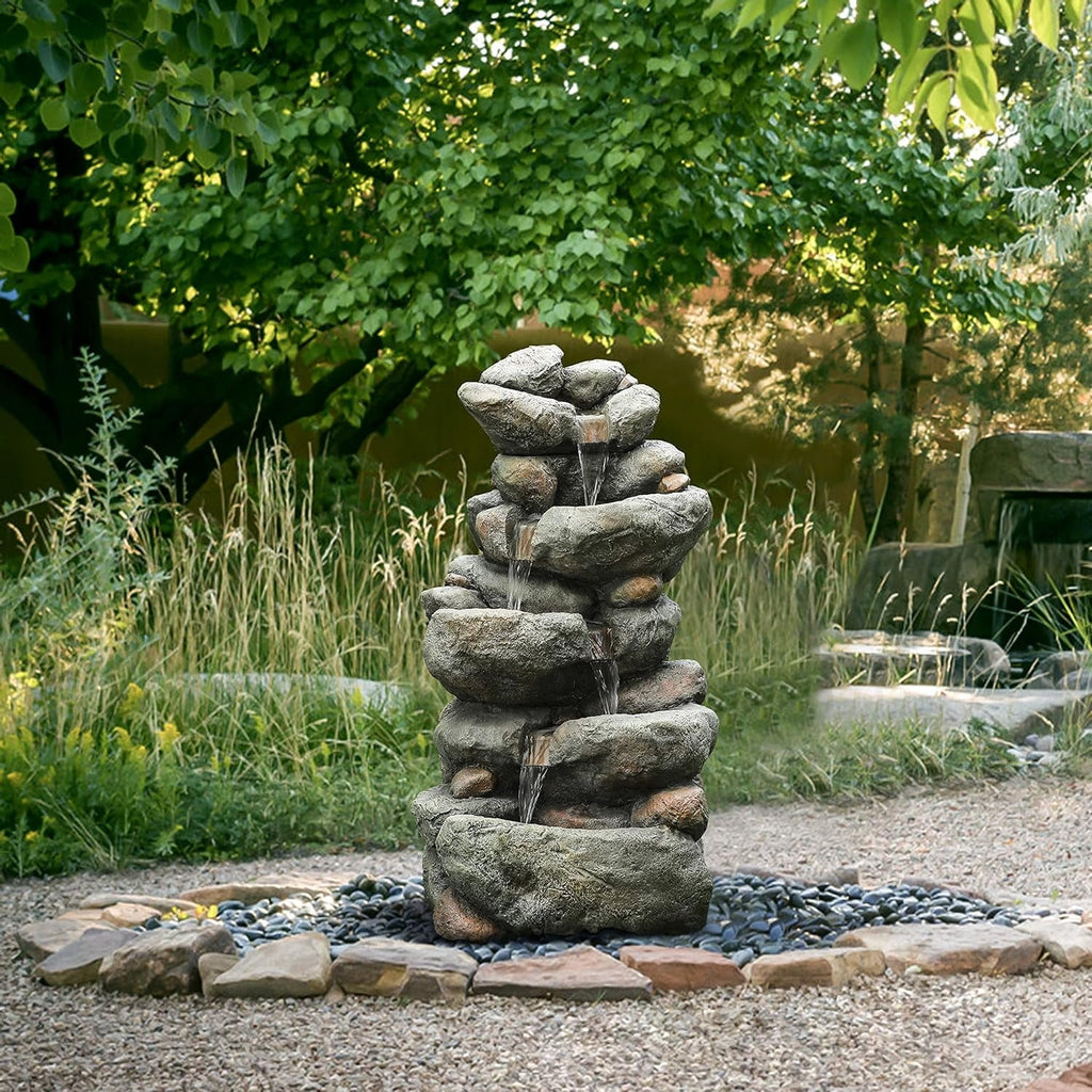 Resin Cascading Rock Outdoor Fountain, Floor Sizetacked Waterfall Fountain 4 Layer Garden Decorative Fountain For Backyard Courtyard