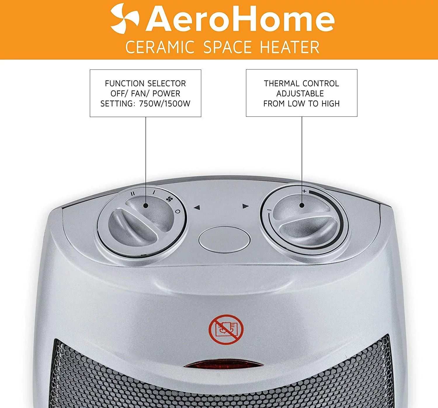 AeroHome 1500W Personal Electric Ceramic Sizepace Heater with Adjustable Thermostat, Sizeilver