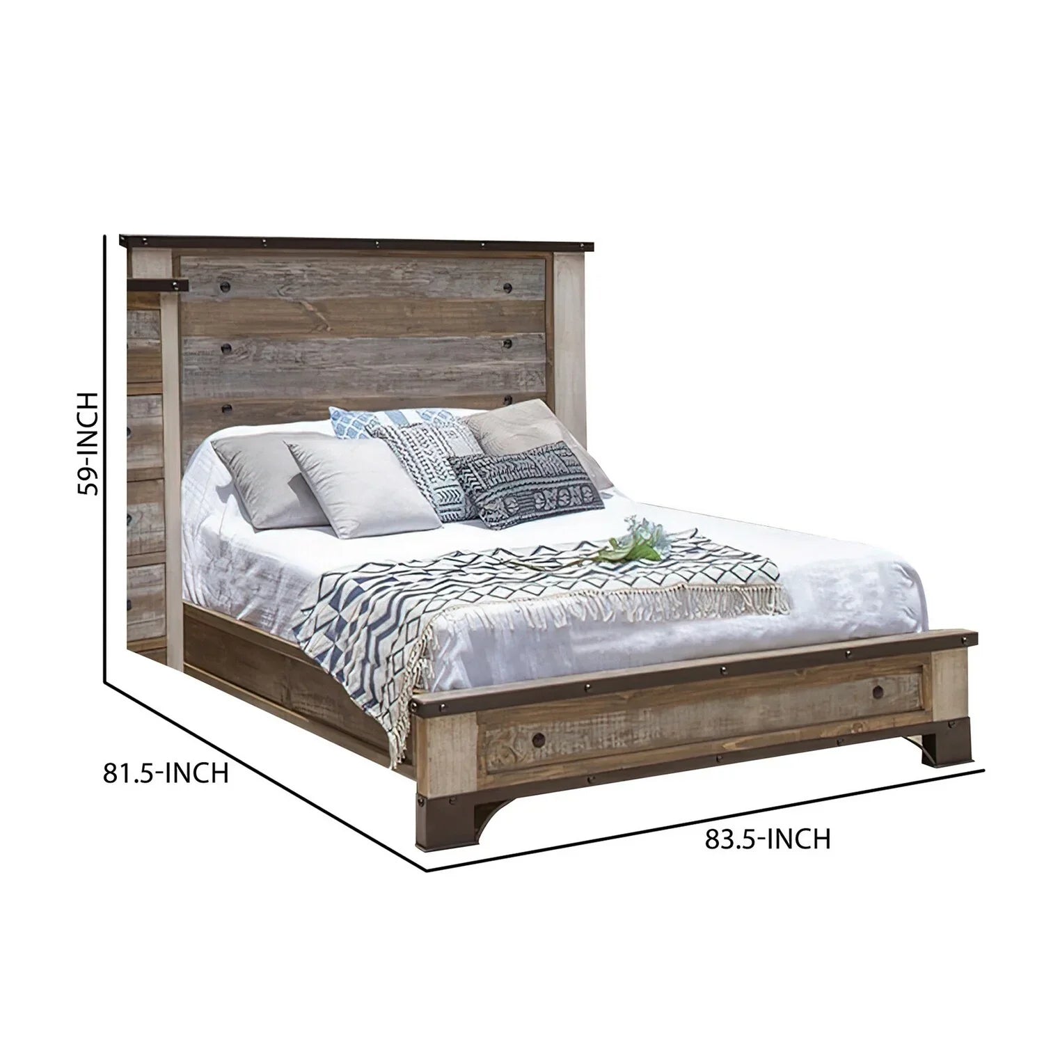Benjara Fena King Sizeize Bed, Round Black Nailheads, Distressed Wood Multicolor Brown
