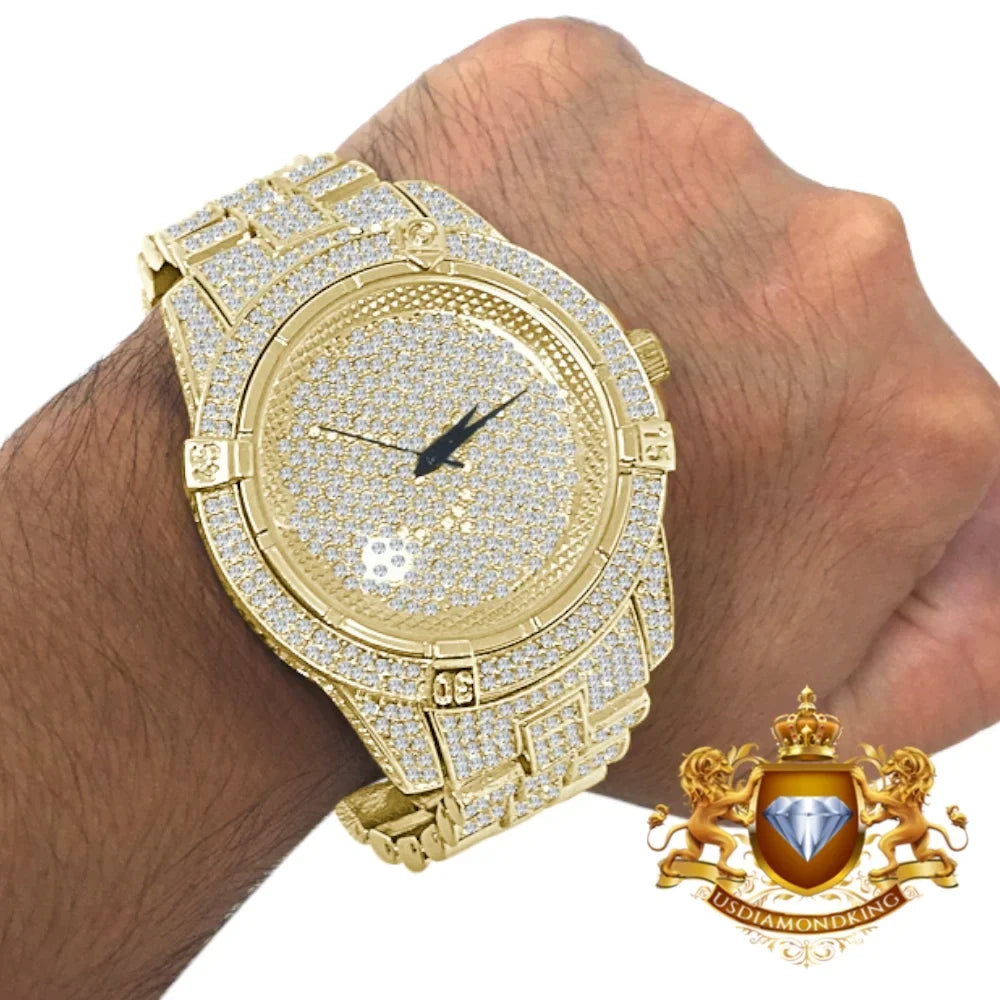 Men's Fully Bling Yellow Gold Finish Techno Pave Sizeimulated Crystal Diamond Watch