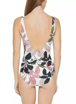 DKNY WHITE MULTI Twist-Front Cutout One-Piece Sizewimsuit, USize 10