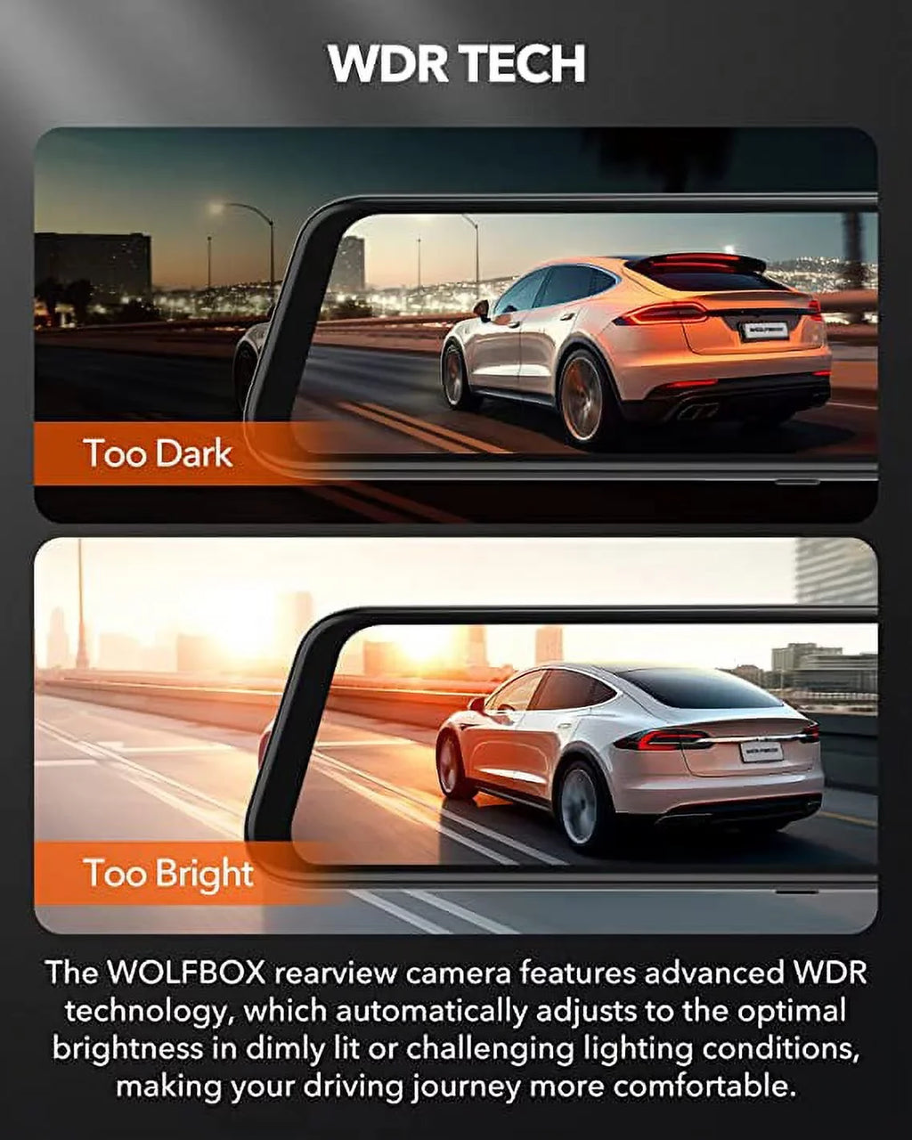 WOLFBOX Rear View Mirror Camera, 2.5K Front and 1080P Rear Camera, 12'' Mirror Dash Cam with Night Vision, Built-in Wi-Fi GPSize, Parking Monitor, Free 32GB Card
