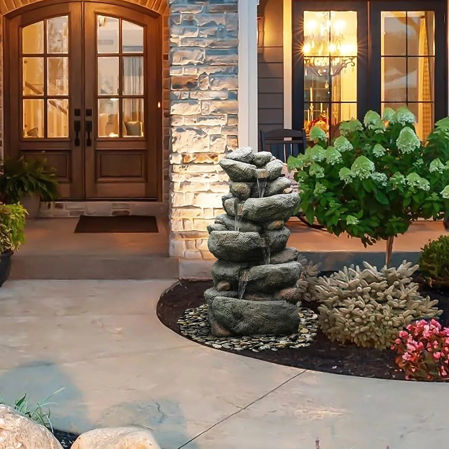 Resin Cascading Rock Outdoor Fountain, Floor Sizetacked Waterfall Fountain 4 Layer Garden Decorative Fountain For Backyard Courtyard