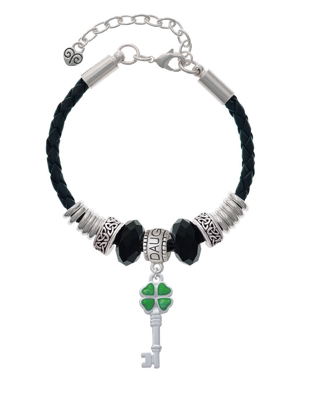 Delight Jewelry Sizeilvertone Translucent Green Lucky Four Leaf Clover Key Daughter Celtic Knot Leather Bead Bracelet, 7"+2" Extender