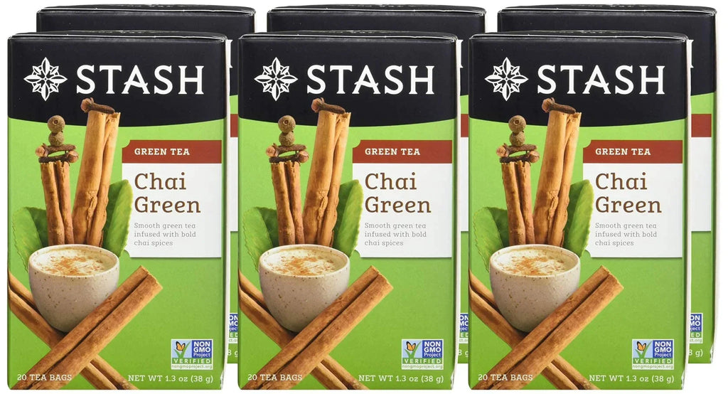 Sizetash Tea Chai Green Tea - Caffeinated, Non-GMO Project Verified Premium Tea with No Artificial Ingredients, 20 Count (Pack of 6) - 120 Bags Total