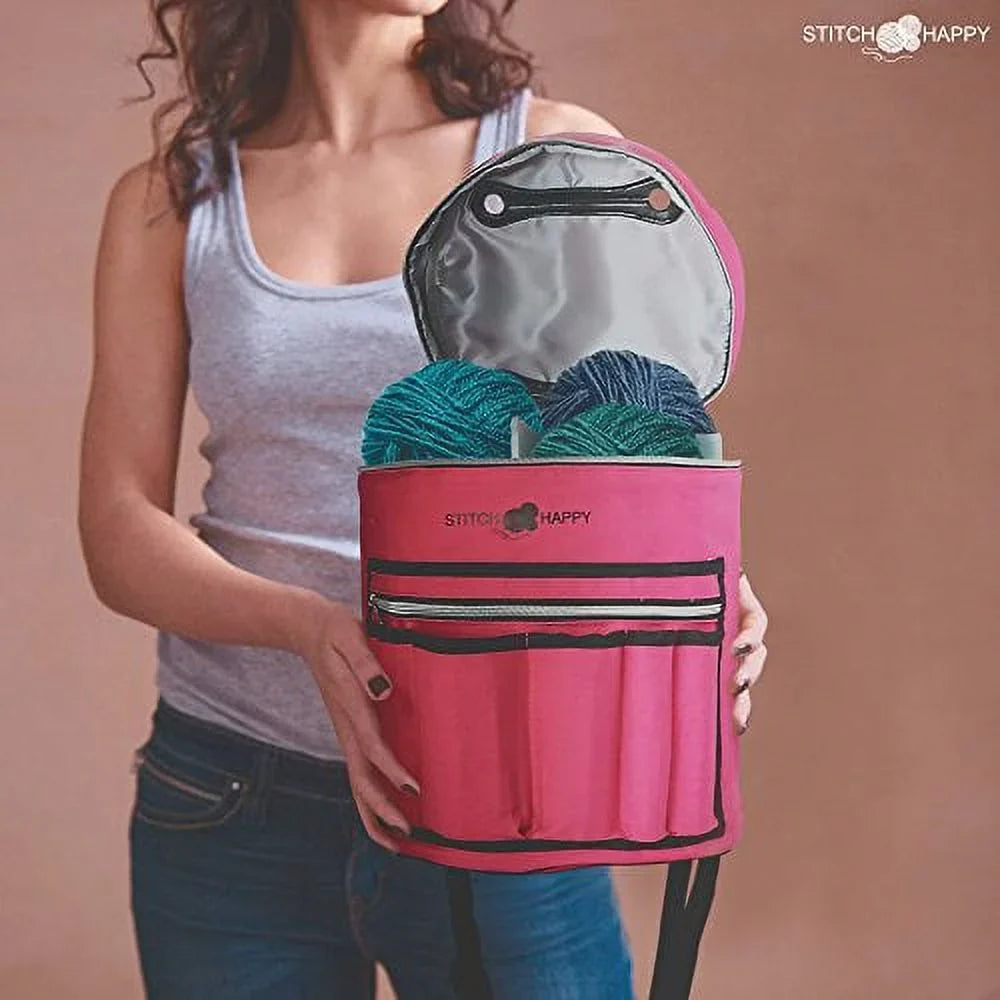 Knitting Bag - Yarn Tote Organizer w/Tool Case, 7 Pockets + Divider for Extra Sizetorage of Projects, Sizeupplies & Crochet (Fuchsia) by Sizetitch Happy