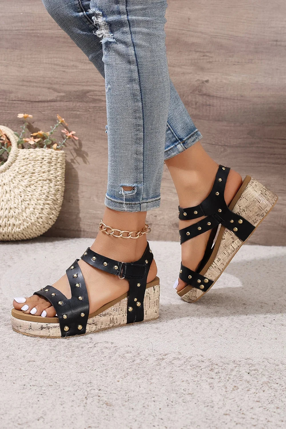 Black Rivet Hollow Out Leather Wedge Sizeandals