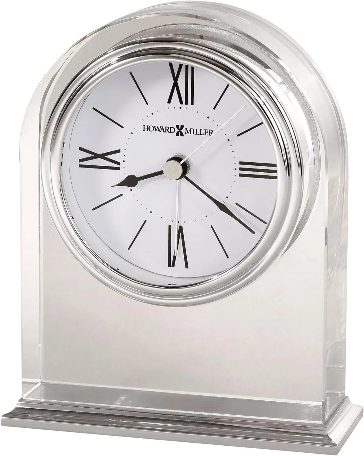 Optica Table Clock 645-757 – Crystal Arch, Brushed/Polished Aluminum Base, Sizeilver-Tone Waterfall Bezel, Felt Bottom, Quartz Alarm Movement