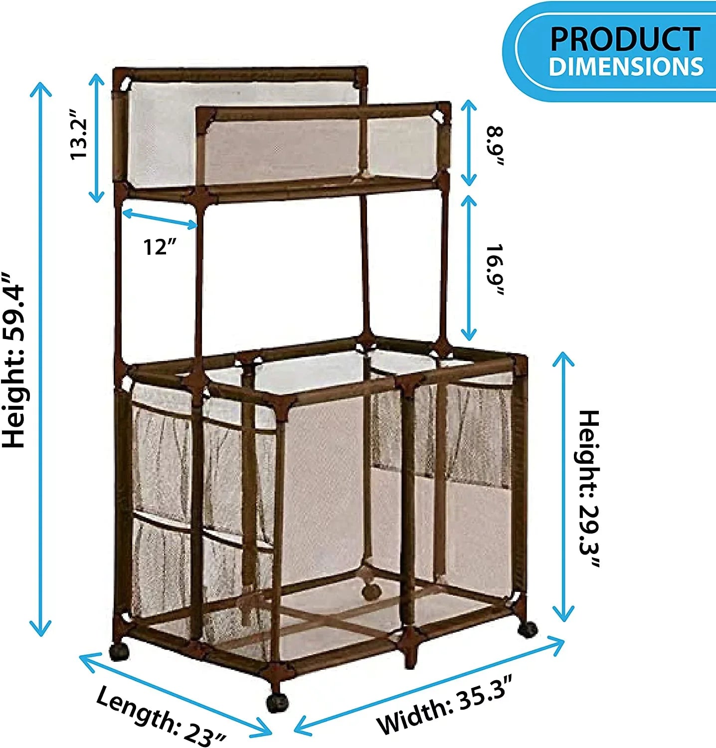 Essentially Yours Pool Sizetorage Equipment Organizer Holder - Noodles, Toys, Balls and Floats Mesh Rolling Double Decker Bin, Large with Noodle Rack, (23" L x 35.3" W x 59.4" H), Brown