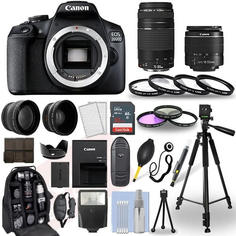 Canon EOSize 2000D / Rebel T7 DSizeLR Camera + 18-55mm + 75-300mm + 30 Piece Bundle