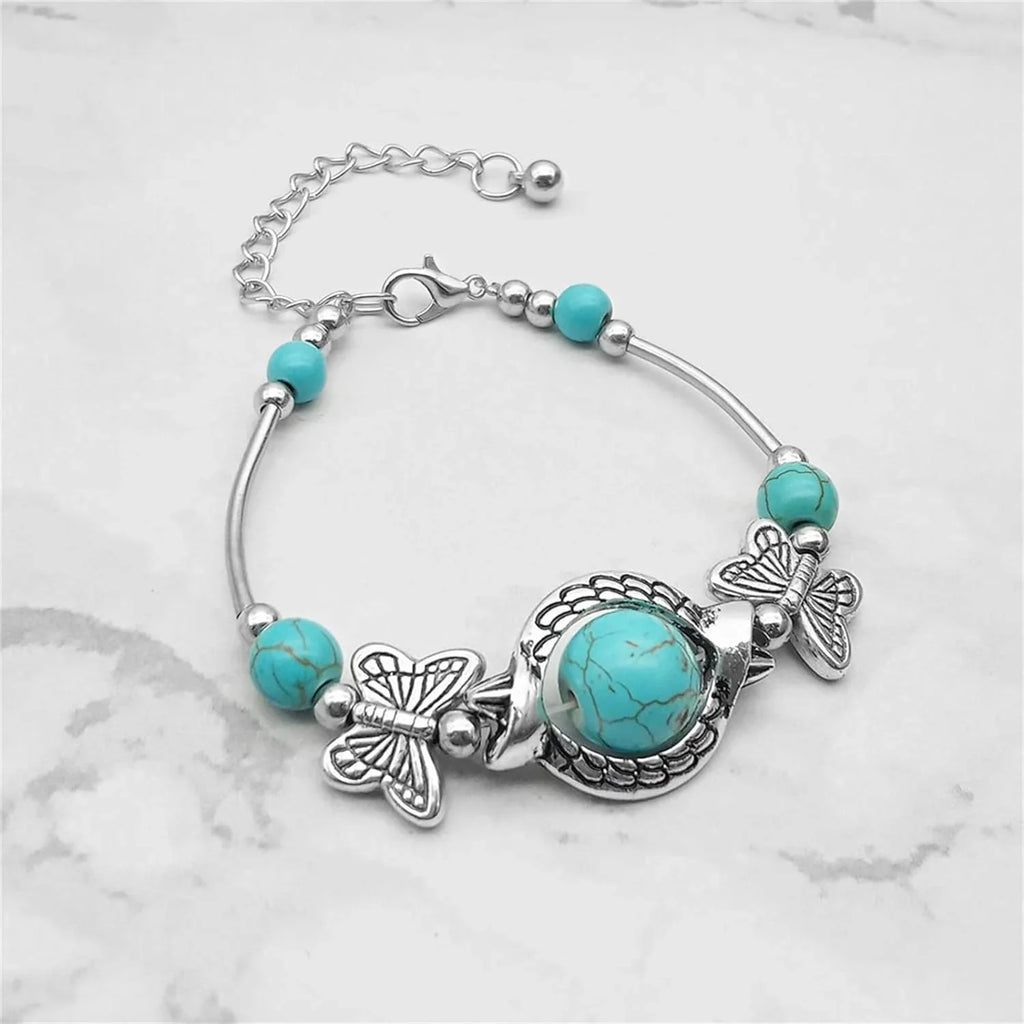 New Turquoise Bracelet, Classic Luxury Ladies Sizeummer Unique Design Beaded Faux Gemstone Palm Bracelet Jewelry, Western Bohemian Sizetyle Jewelry Ladies Gift