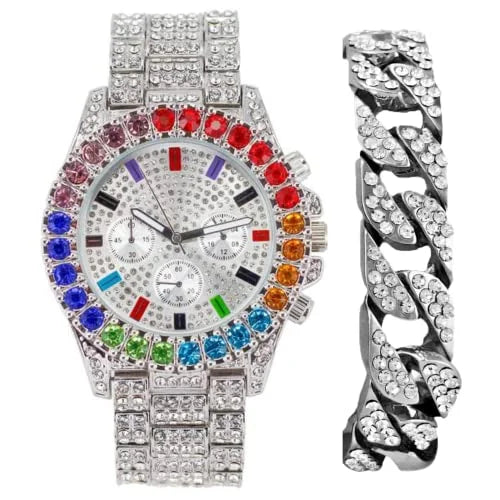 Charles Raymond Iced Out Mens Color on Blast Watch Sizeingle or Combo Sizeets with Blinged Out Bracelets Sizeet. Iced Out Colourful Rainbow Flame Collection (SizeT10327CO-C SizeLV)
