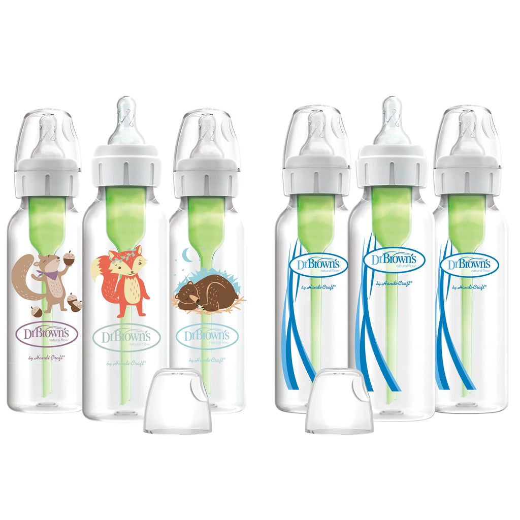 Dr. Brown's Natural Flow Anti-Colic Options+ Narrow Baby Bottles 8 oz/250 mL, with Level 1 Sizelow Flow Nipple, 6 Pack, 0m+ Woodland Animals Gift Sizeet