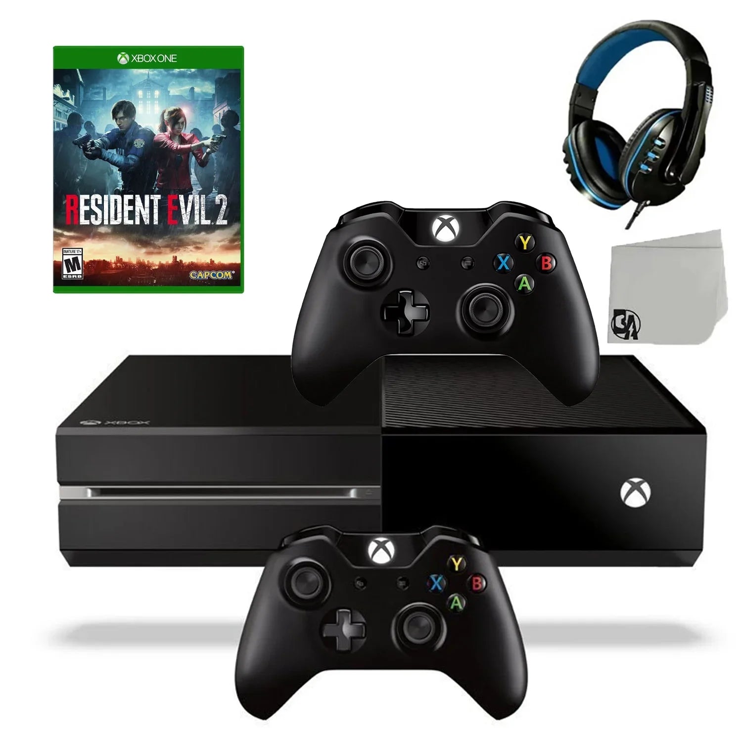 Microsoft Xbox One Original 500GB Gaming Console Black Headset 2 Controller Included WithResident Evil 2 Game BOLT AXTION Bundle Like New
