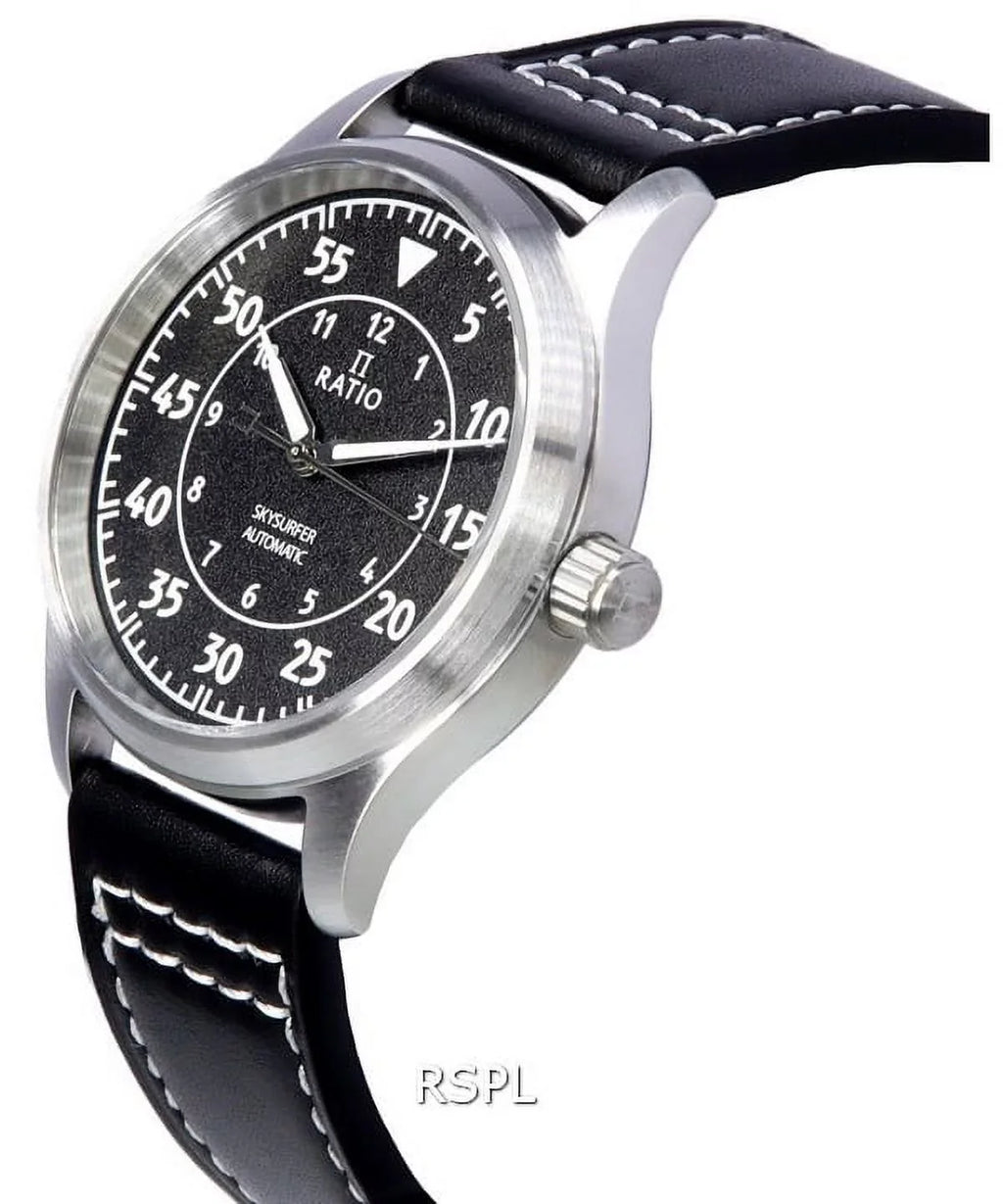 Ratio Sizekysurfer Pilot Black Textured Dial Leather Automatic RTSize320 200M Men's Watch