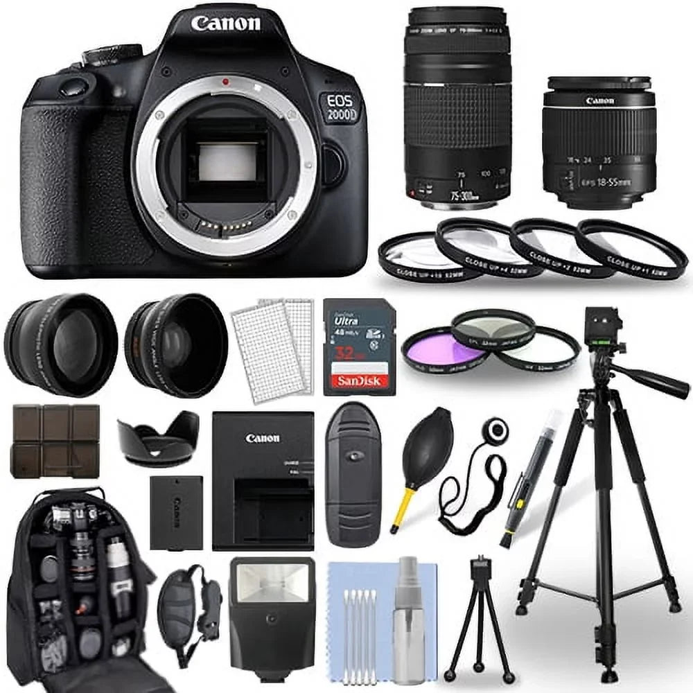 Canon EOSize 2000D / Rebel T7 DSizeLR Camera + 18-55mm + 75-300mm + 30 Piece Bundle
