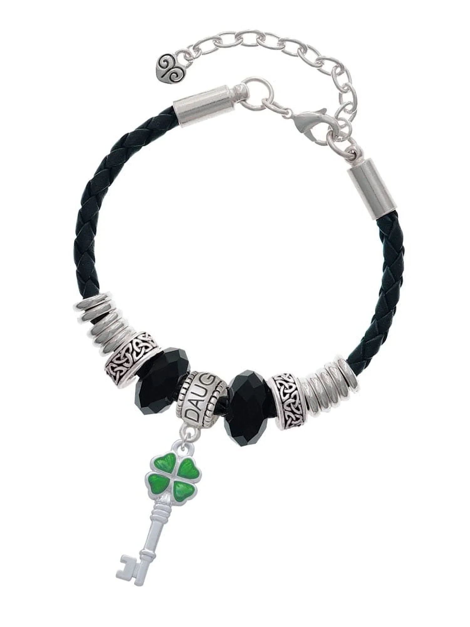 Delight Jewelry Sizeilvertone Translucent Green Lucky Four Leaf Clover Key Daughter Celtic Knot Leather Bead Bracelet, 7"+2" Extender