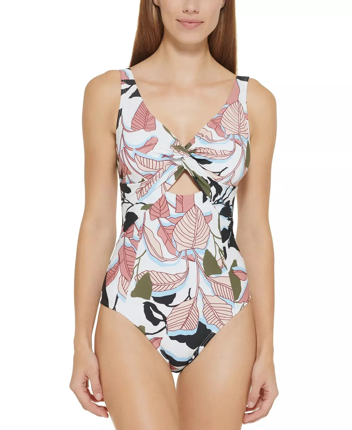 DKNY WHITE MULTI Twist-Front Cutout One-Piece Sizewimsuit, USize 10