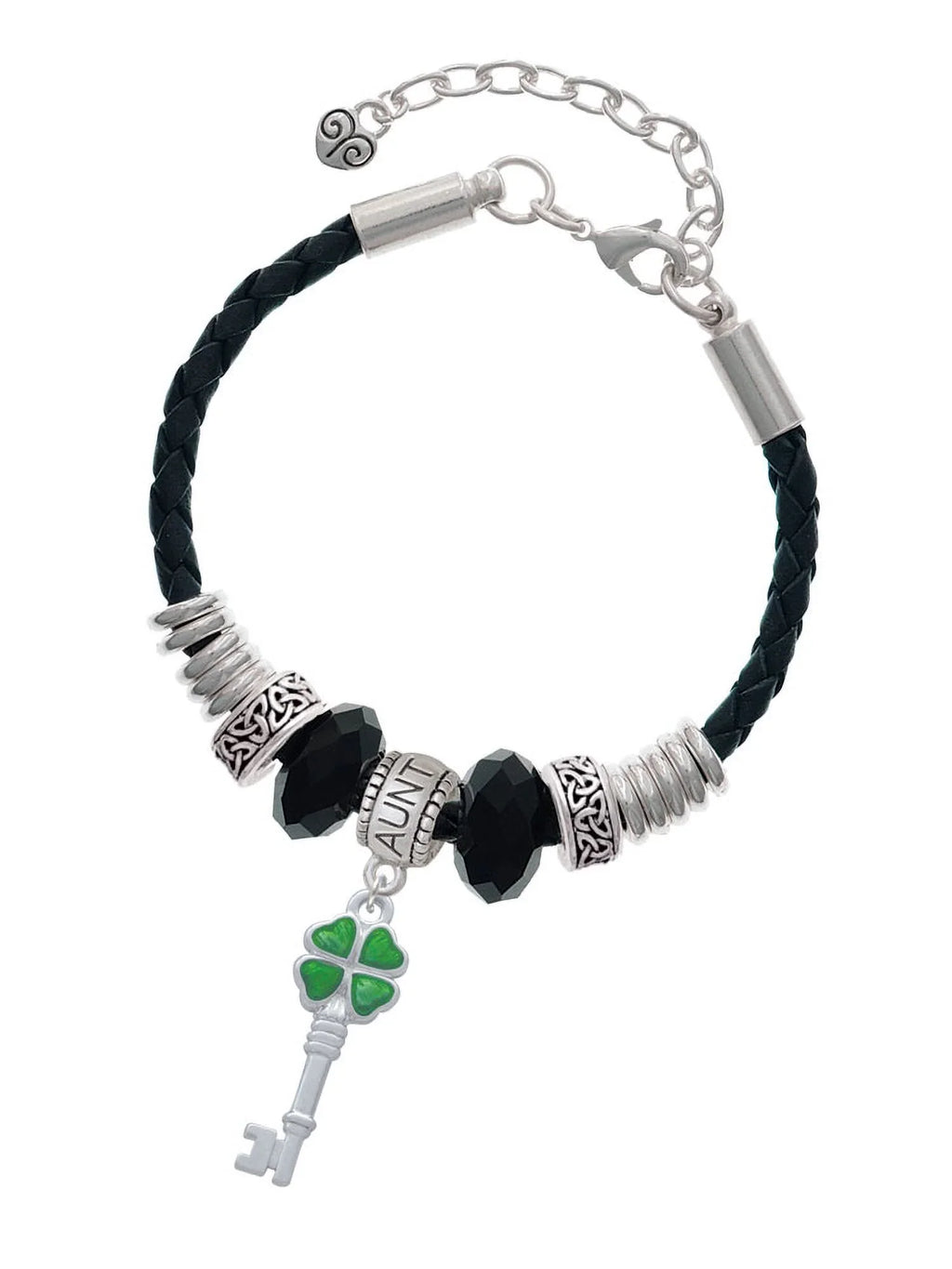 Delight Jewelry Sizeilvertone Translucent Green Lucky Four Leaf Clover Key Aunt Celtic Knot Leather Bead Bracelet, 7"+2" Extender