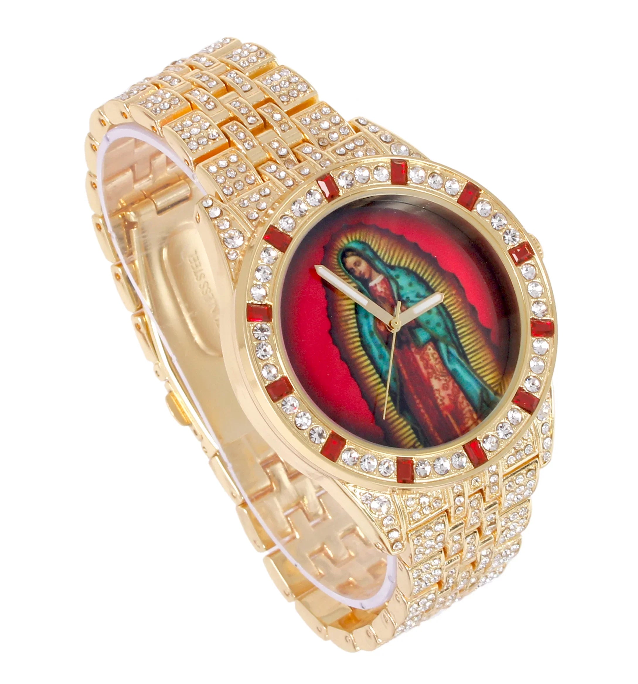 Charles Raymond The Virgin of Guadalupe Blessed Dial - Mens Hip Hop Metal Blinged Out Iced Out Wristwatch - Blood Red Baguettes and Clear Rhinestones on Trim - SizeT10226 BGSize Sizeingle (Gold SizeT10361B)