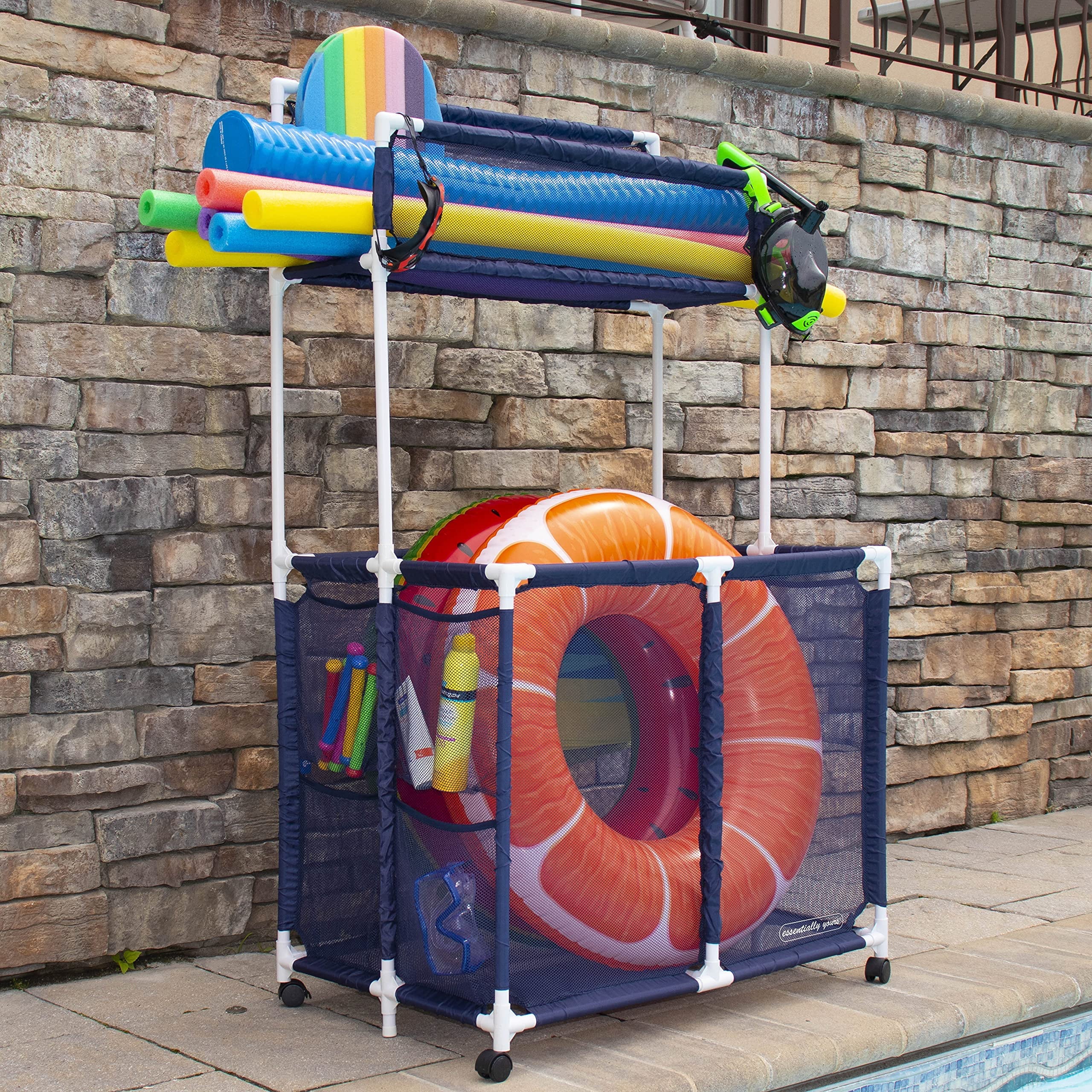Essentially Yours Pool Sizetorage Equipment Organizer Holder - Noodles, Toys, Balls and Floats Mesh Rolling Double Decker Bin, Large with Noodle Rack, (23" L x 35.3" W x 59.4" H), Brown