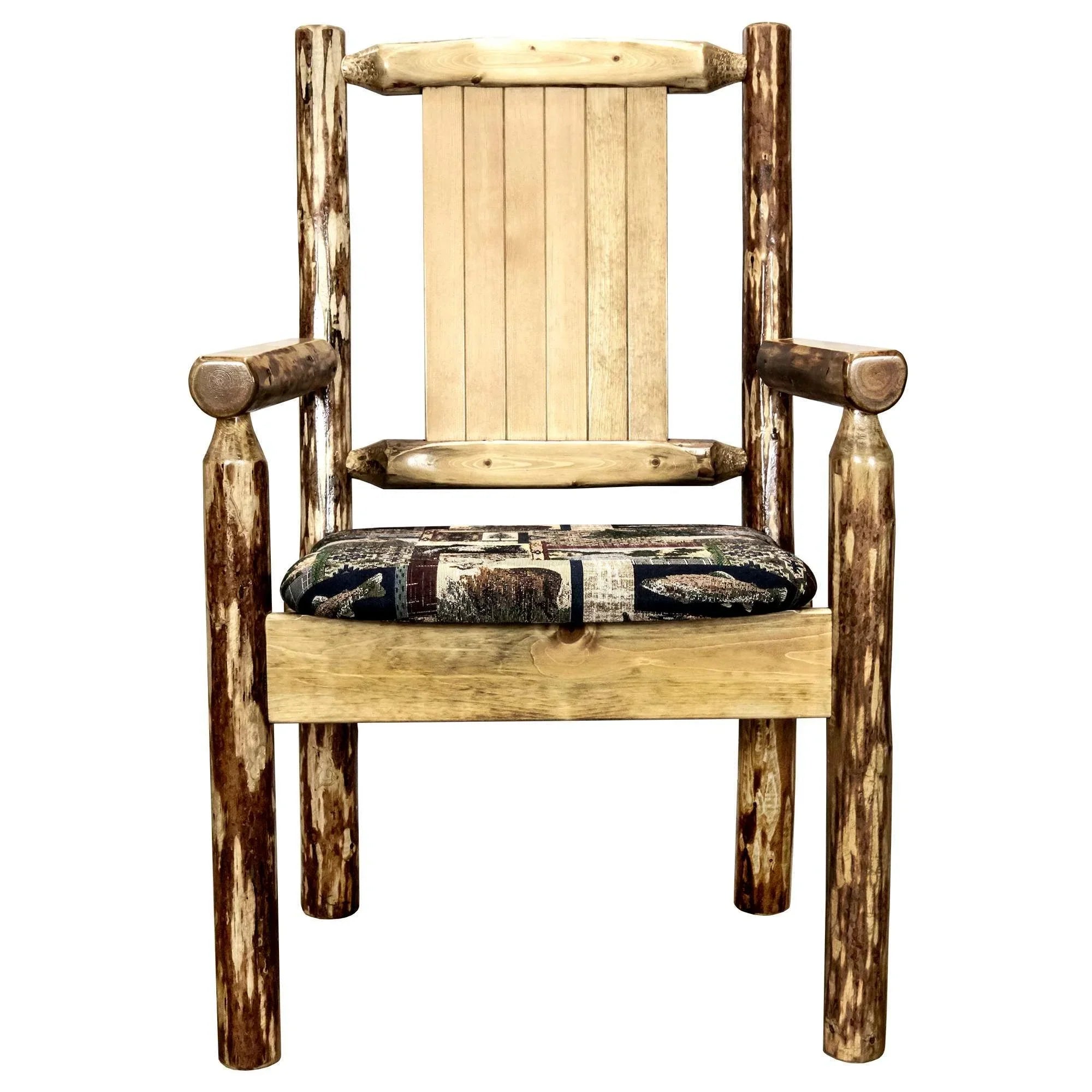 Glacier Country Collection Captain's Chair, Woodland Upholstery w/ Laser Engraved Pine Tree Design