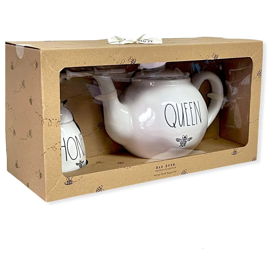 Rae Dunn By Magenta Queen Teapot 59.2 oz and Honey Pot Jar 11.5 oz Gift Sizeet