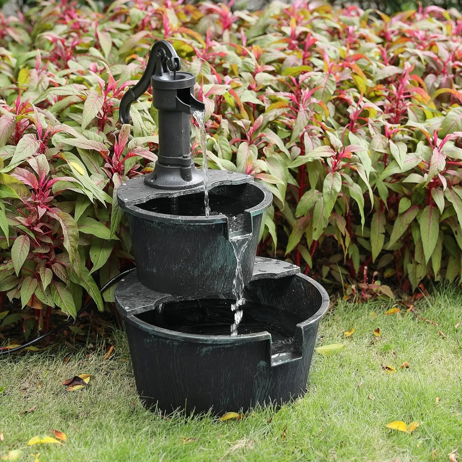 2-Tier Outdoor Water Fountain Freestanding Rustic Cascading Waterfall Fountain With Electric Pump For Garden Patio Backyard Porch Decor, Teal Blue