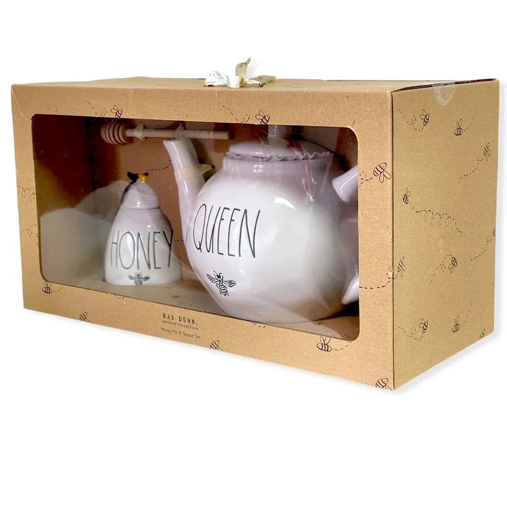 Rae Dunn By Magenta Queen Teapot 59.2 oz and Honey Pot Jar 11.5 oz Gift Sizeet