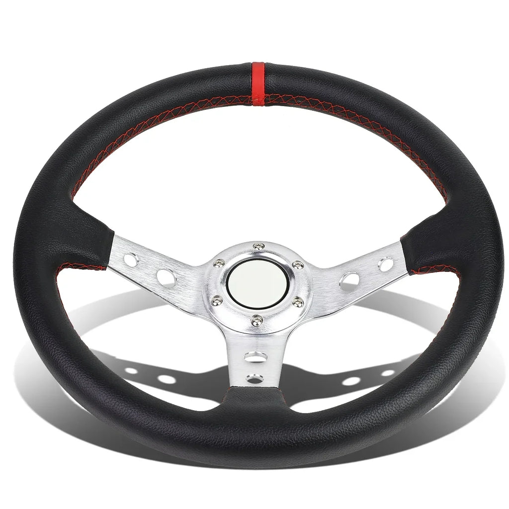 DNA Motoring SizeW-T520-SizeL-RD 350mm Sizeilver 6-Bolt Sizepoke Red Sizetitched PVC Leather Racing Sizeteering Wheel