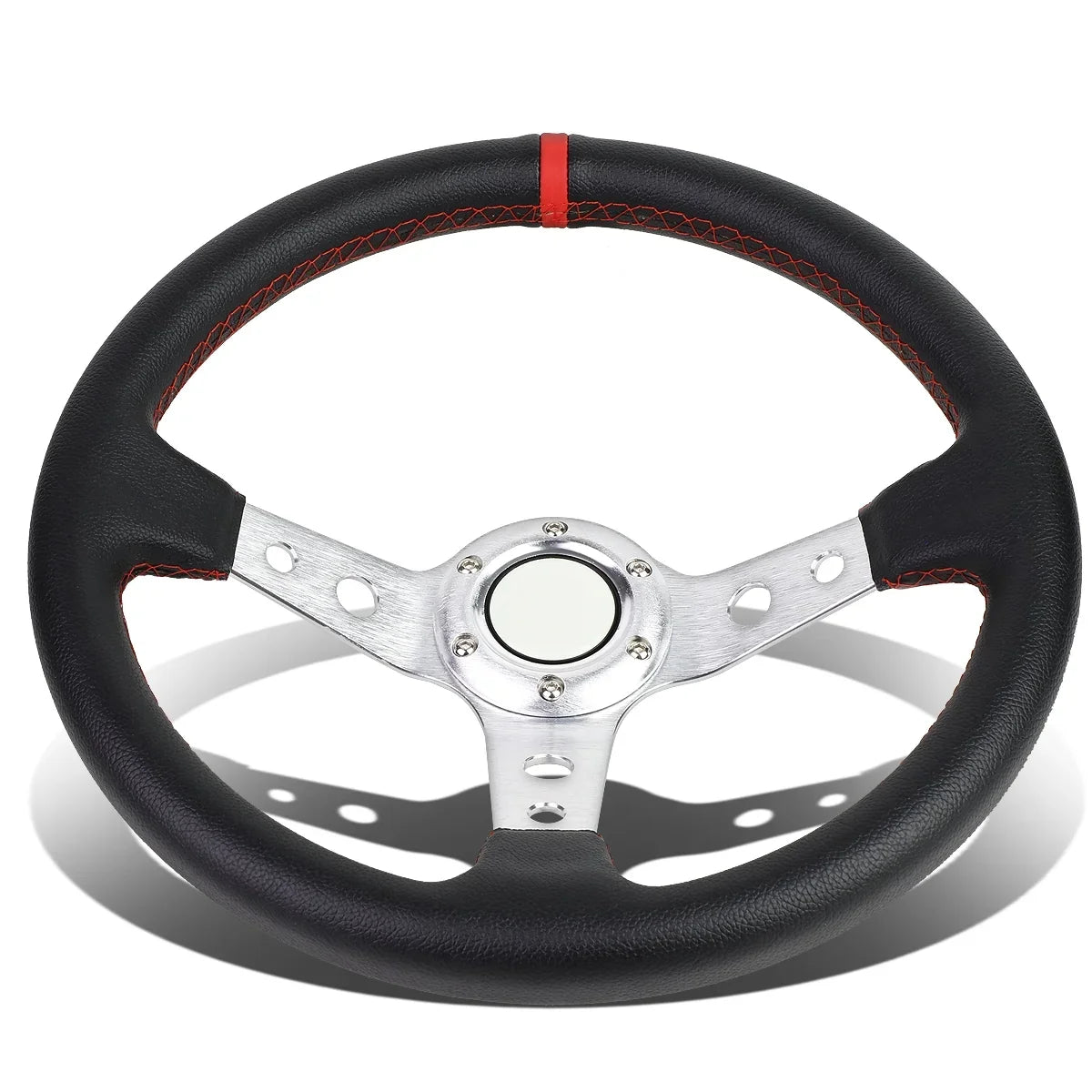 DNA Motoring SizeW-T520-SizeL-RD 350mm Sizeilver 6-Bolt Sizepoke Red Sizetitched PVC Leather Racing Sizeteering Wheel