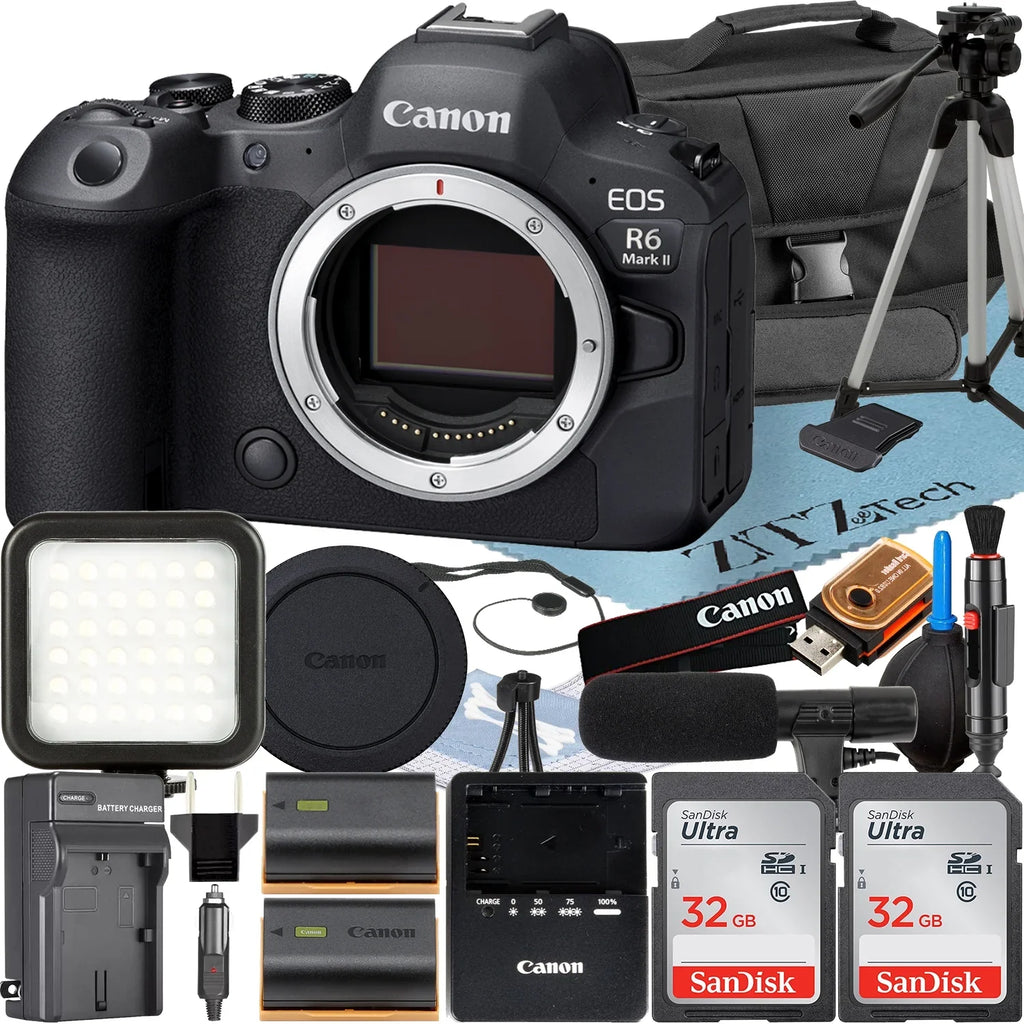 Canon EOSize R6 Mark II Mirrorless Camera (Body) with 2 Pack SizeanDisk 32GB Memory Card + Case + ZeeTech Accessory Bundle