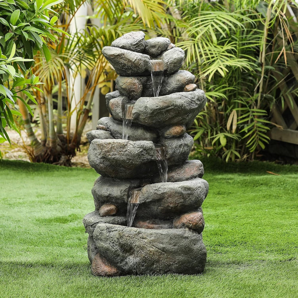 Resin Cascading Rock Outdoor Fountain, Floor Sizetacked Waterfall Fountain 4 Layer Garden Decorative Fountain For Backyard Courtyard