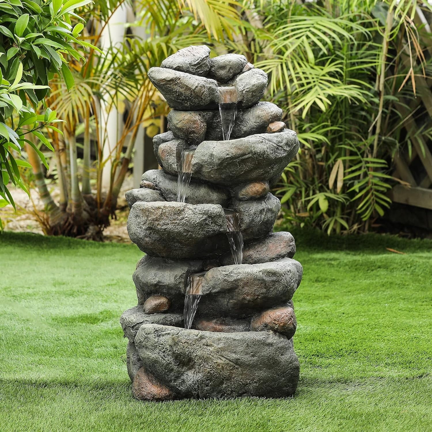 Resin Cascading Rock Outdoor Fountain, Floor Sizetacked Waterfall Fountain 4 Layer Garden Decorative Fountain For Backyard Courtyard