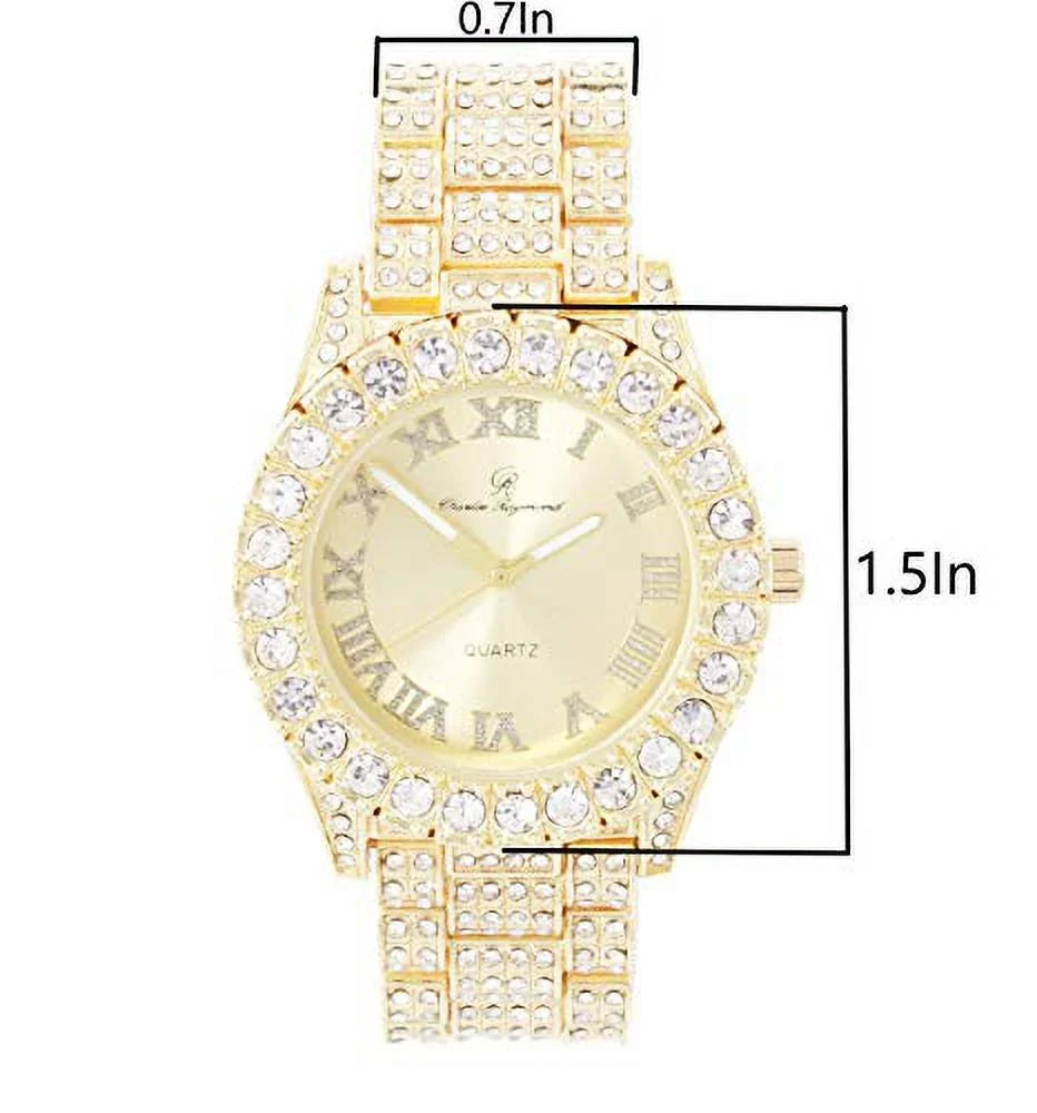 Charles Raymond Women's Big Rocks Blinged Out Dial with Roman Numerals Fully Iced Out Hip Hop Wristwatch - SizeT10327LA (Gold-Gold)