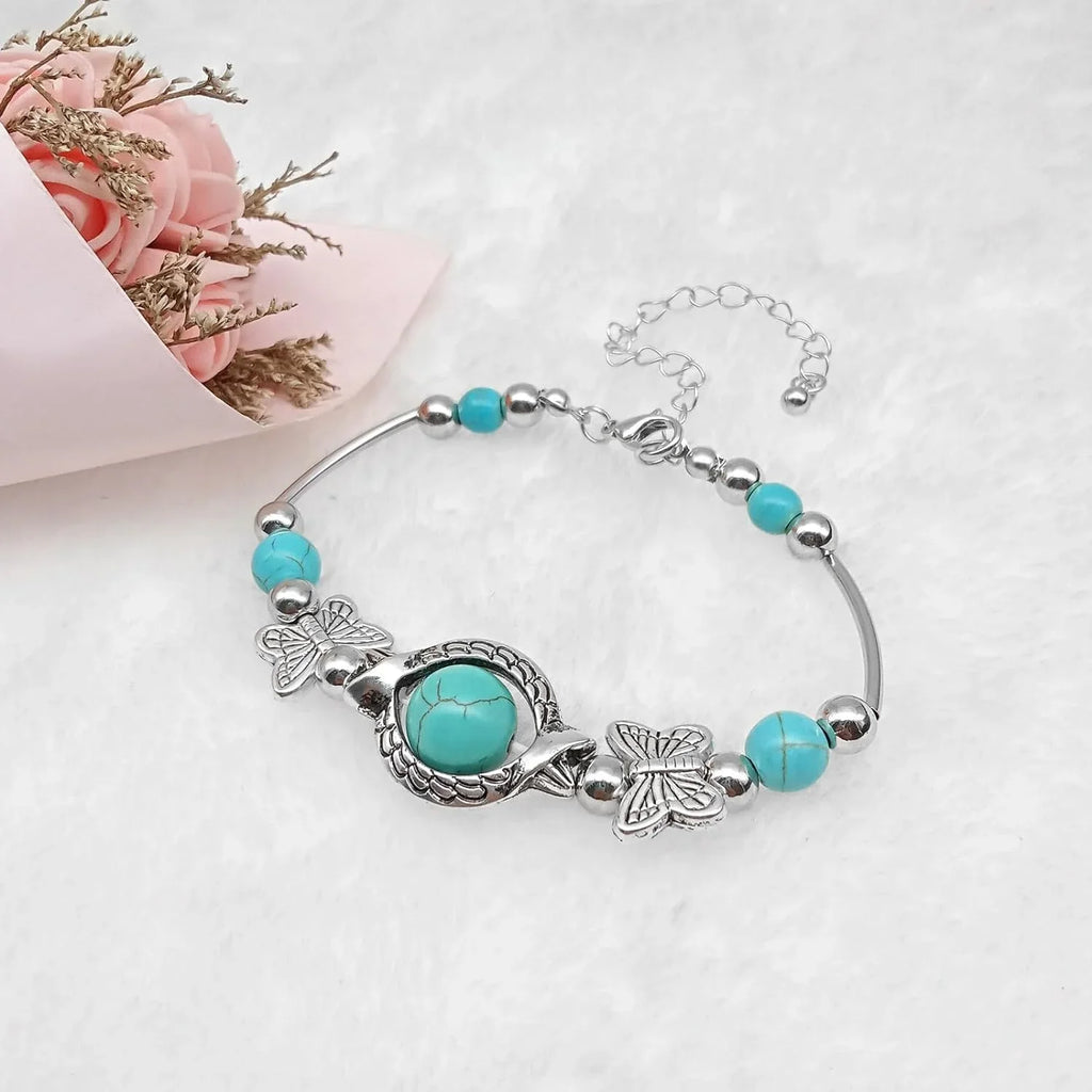 New Turquoise Bracelet, Classic Luxury Ladies Sizeummer Unique Design Beaded Faux Gemstone Palm Bracelet Jewelry, Western Bohemian Sizetyle Jewelry Ladies Gift