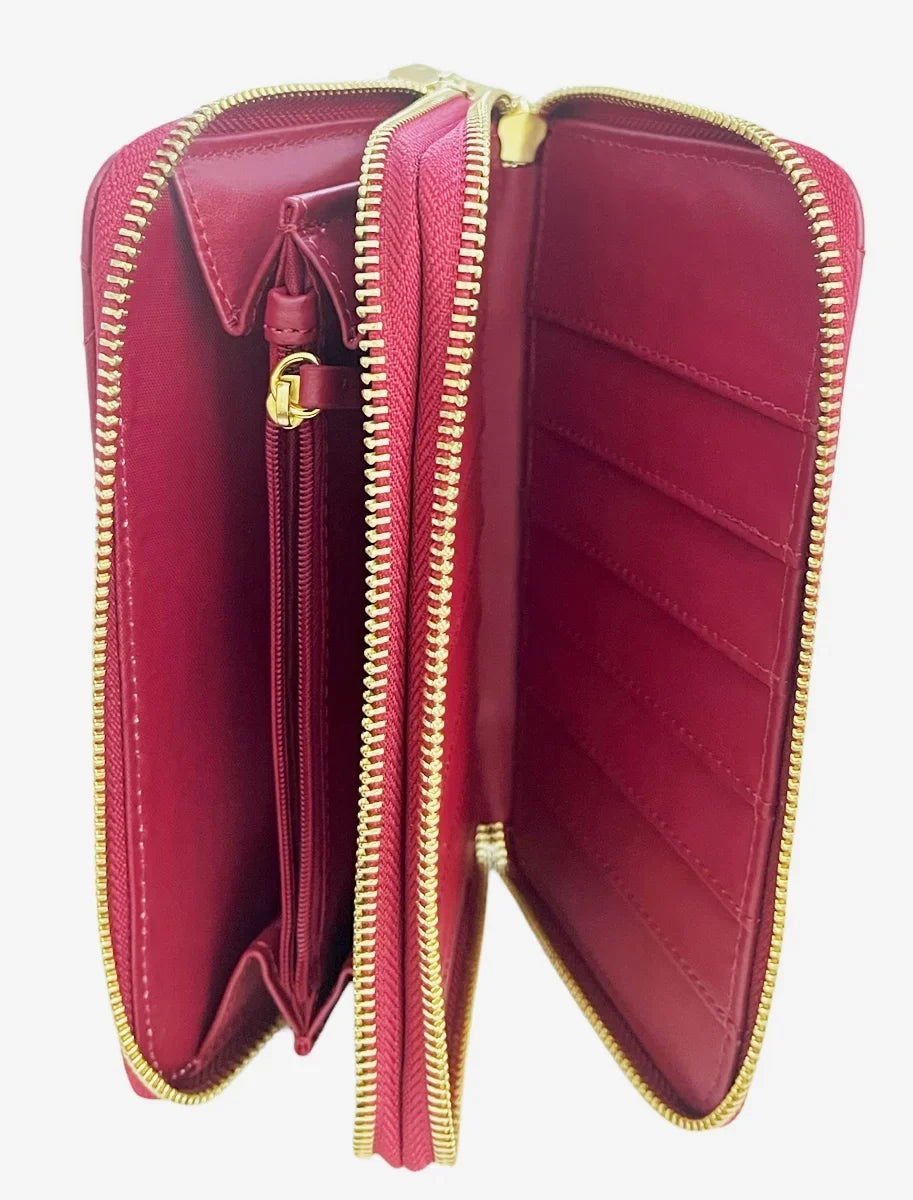 JOY & IMAN Leather  Quilted Wallet with 2 Wrap-Around Zippers RFID ~ Burgundy