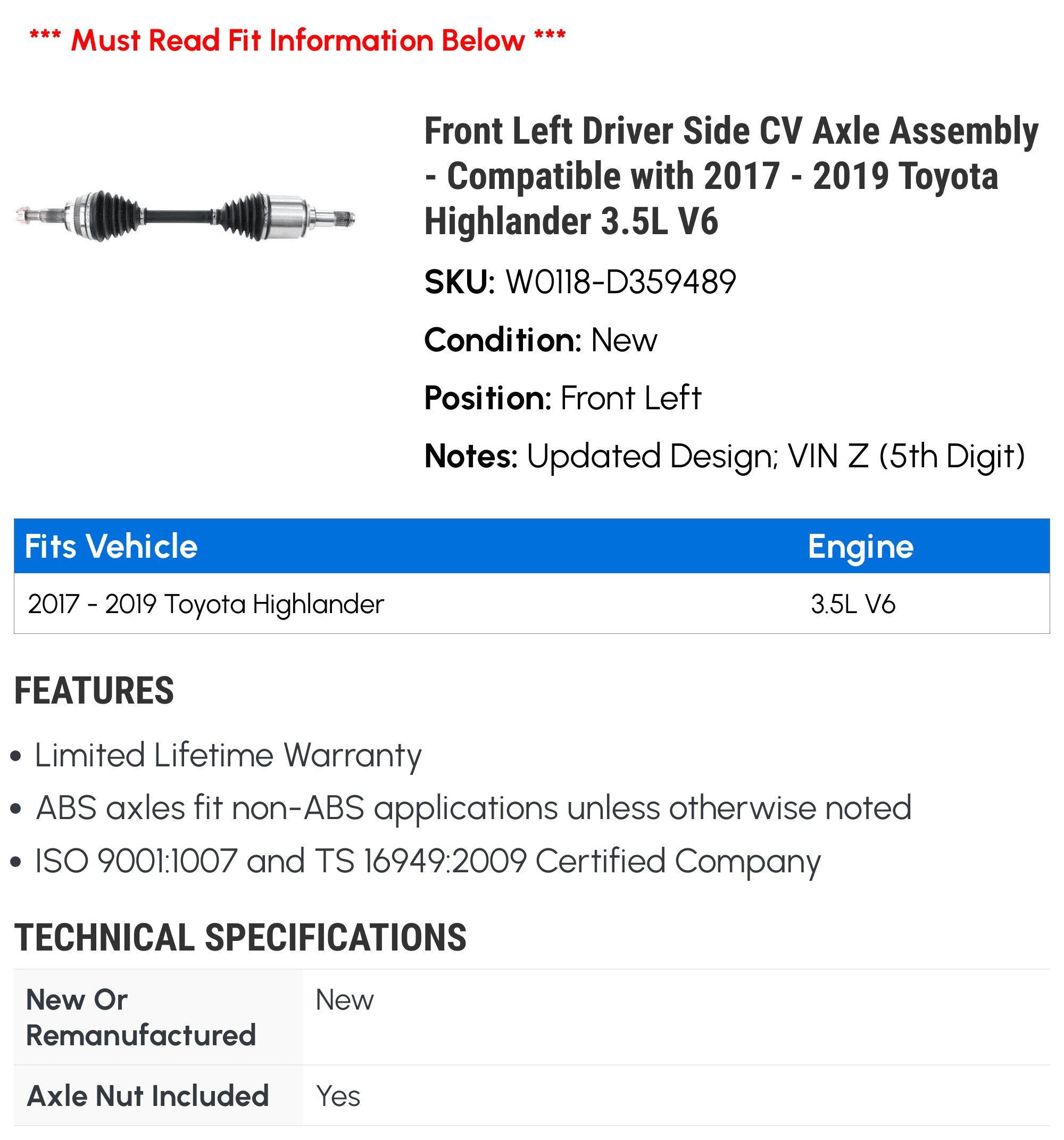 Front Left Driver Sizeide CV Axle Assembly - Compatible with 2017 - 2019 Toyota Highlander 3.5L V6 2018