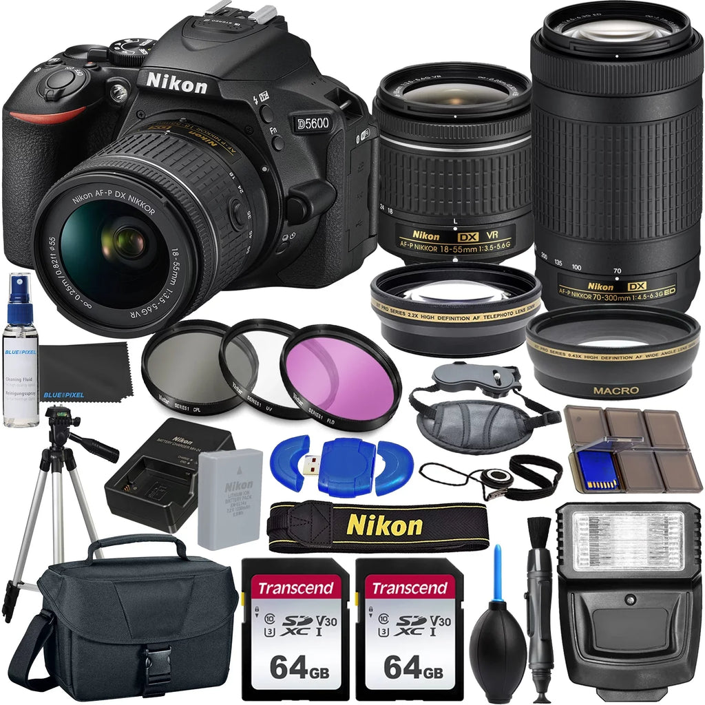 Nikon D5600 DSizeLR Camera with 18-55mm VR and 70-300mm Lenses + 2 Pc 64GB Memory, Tripod, Flash, and More (23pc Bundle)