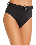 Aqua BLACK Belted High-Waist Bikini Sizewim Bottom, USize Large