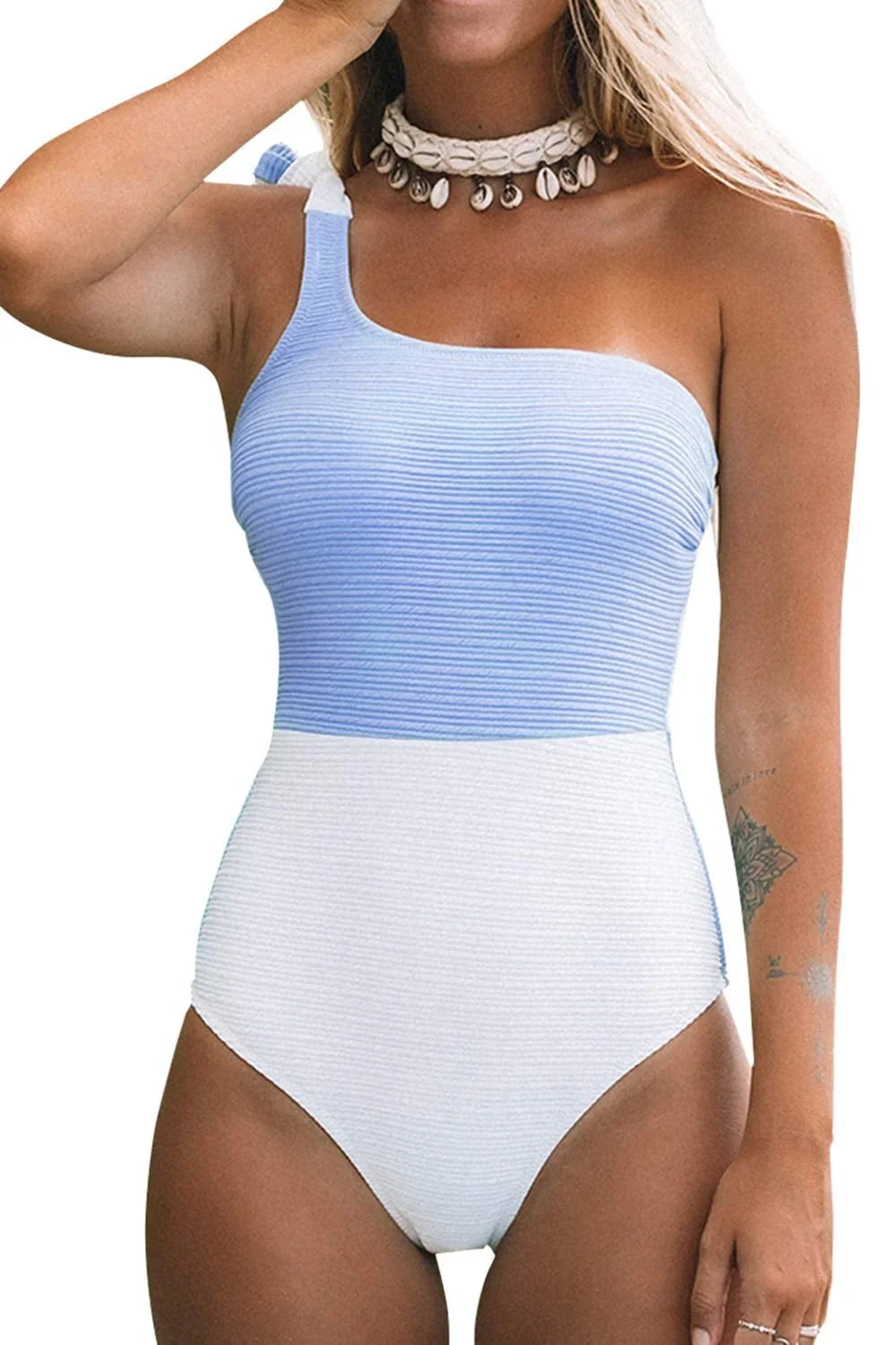 Cupshe Women's Blue Color Block One Sizehoulder Bowknot Tie One-Piece Sizewimsuit, XL