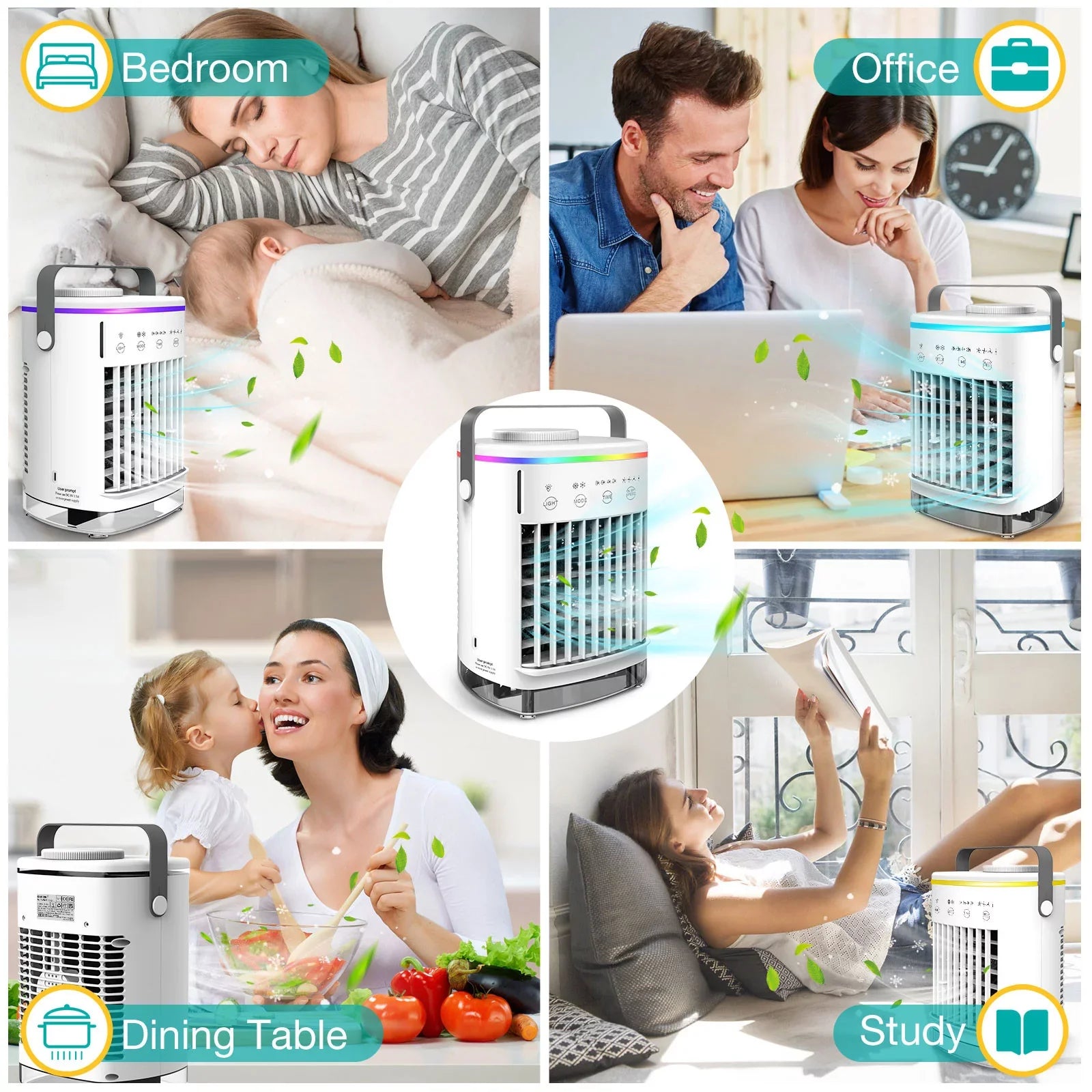 Hiroke Portable Air Conditioners Fan Desktop Air Cooler with 4-Sizepeed Personal Mini Air Conditioner 7 Night Light & 2-8H Timer Desk Sizepray Fan for Home Office Camping