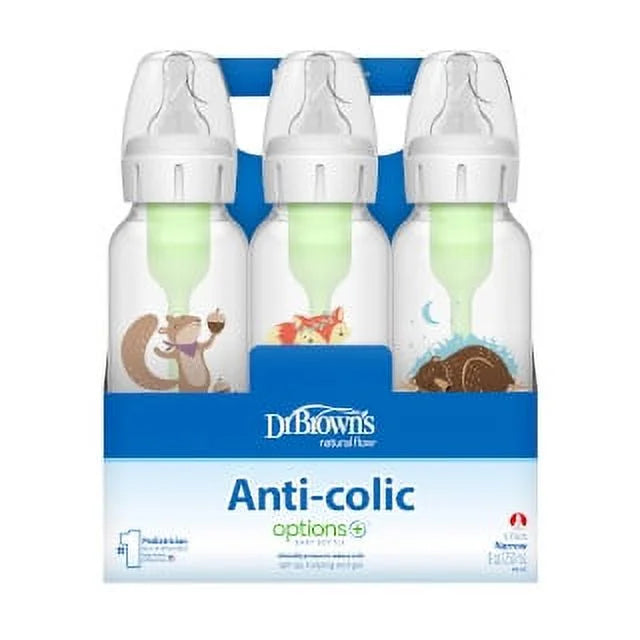 Dr. Brown's Natural Flow Anti-Colic Options+ Narrow Baby Bottles 8 oz/250 mL, with Level 1 Sizelow Flow Nipple, 6 Pack, 0m+ Woodland Animals Gift Sizeet