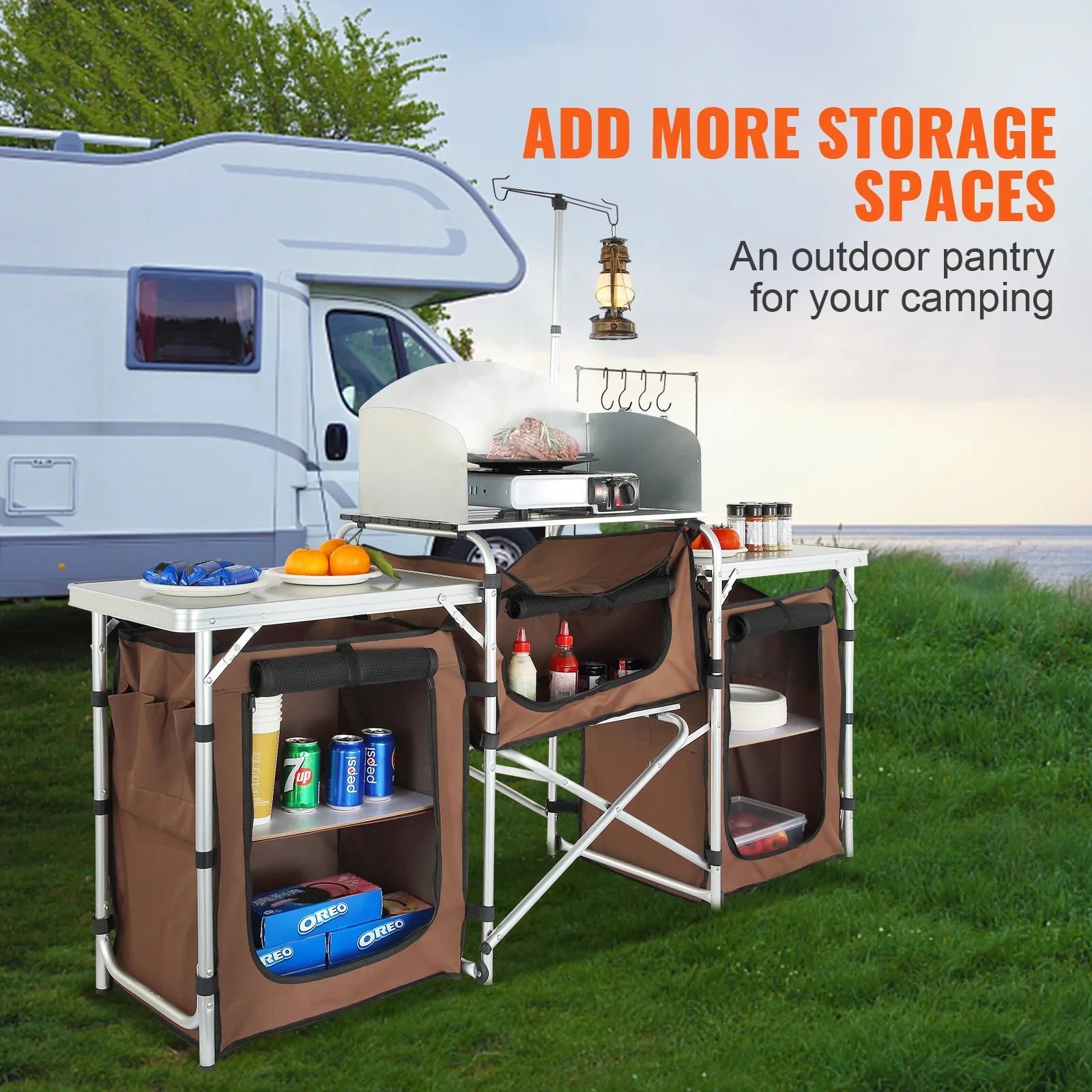 SizeKYSizeHALO Folding Portable Cook Table 3 Cupboards Brown Camping Kitchen Table