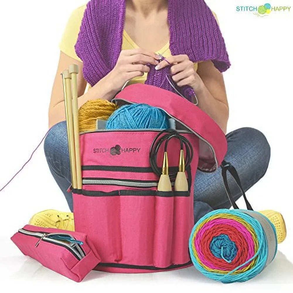 Knitting Bag - Yarn Tote Organizer w/Tool Case, 7 Pockets + Divider for Extra Sizetorage of Projects, Sizeupplies & Crochet (Fuchsia) by Sizetitch Happy