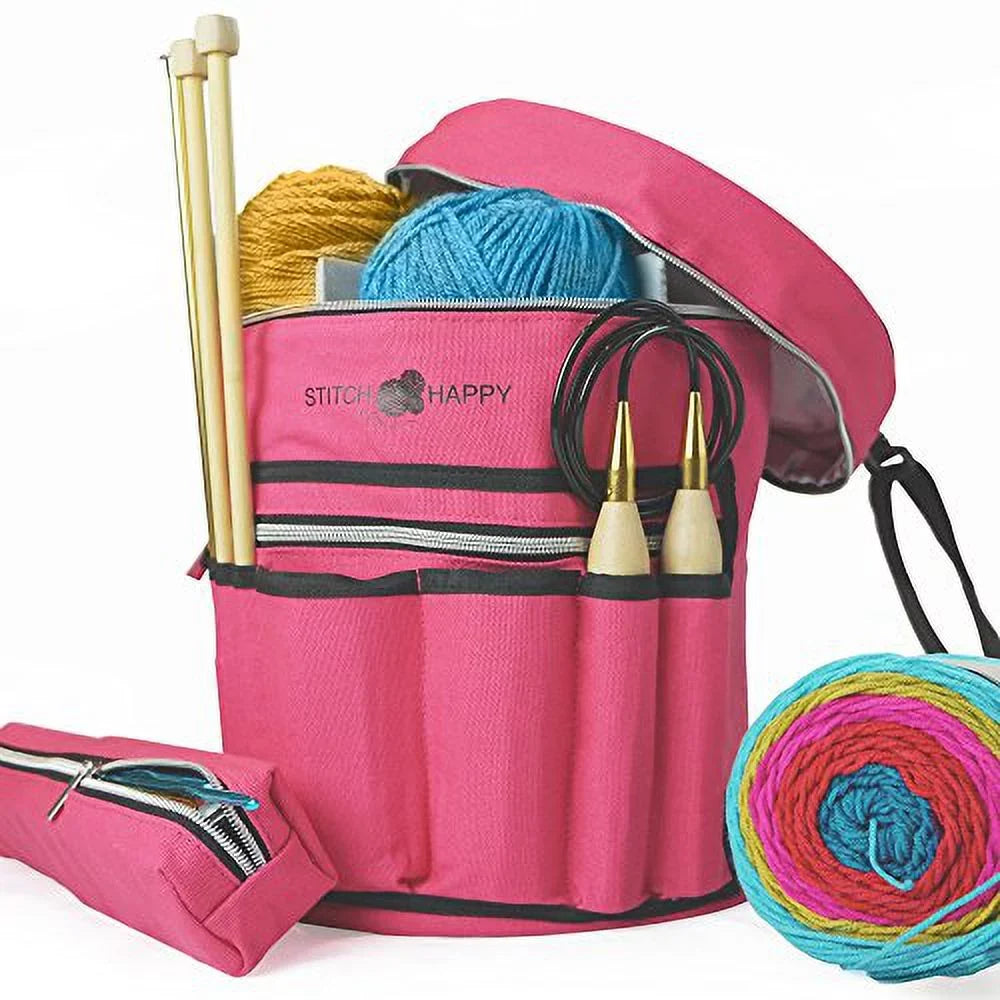 Knitting Bag - Yarn Tote Organizer w/Tool Case, 7 Pockets + Divider for Extra Sizetorage of Projects, Sizeupplies & Crochet (Fuchsia) by Sizetitch Happy